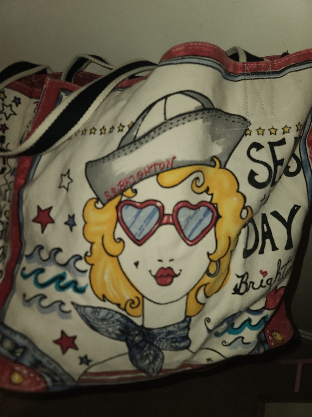 Brighton White Tote with Red Trim and Multicolor Graphic